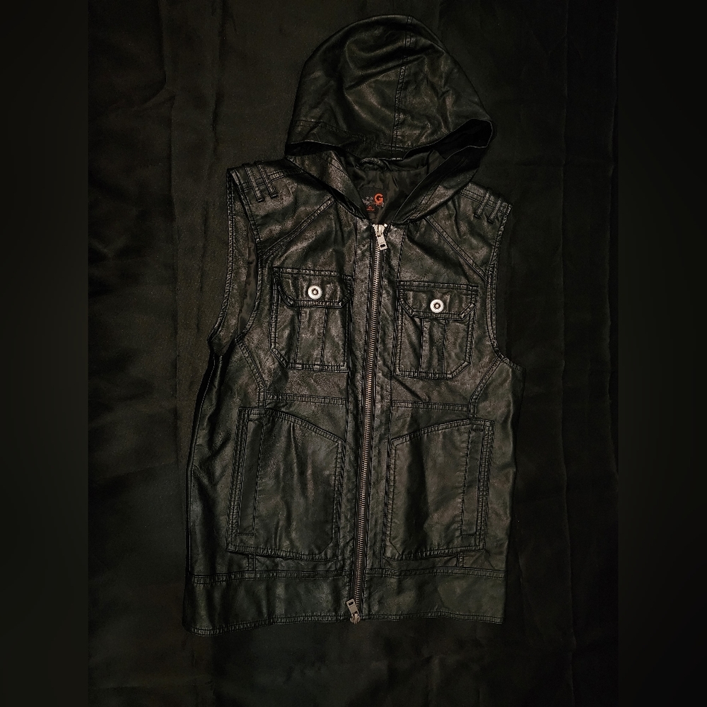 Guess faux leather black vest hoodie XS 2 way zipper